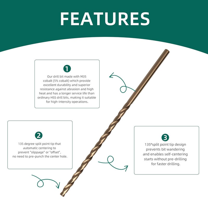 Riyhch 5/16 Inch x 12 Inch Cobalt Aircraft Extension Drill Bit Set (3PCS) M35 High Speed Steel Extra Long Drill Bits for Deep Hole Drilling for Stainless Steel, Hard Metal, Cast Iron, Wood & Plastic - Image 3
